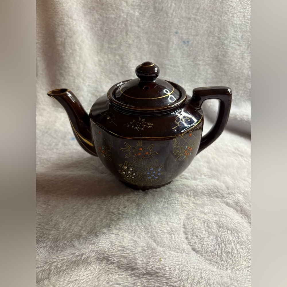 Brown Tea Pot Hand Painted Home Decor Floral Ceramic 6” Royalty 13.7oz Fancy Fun - Picture 1 of 14
